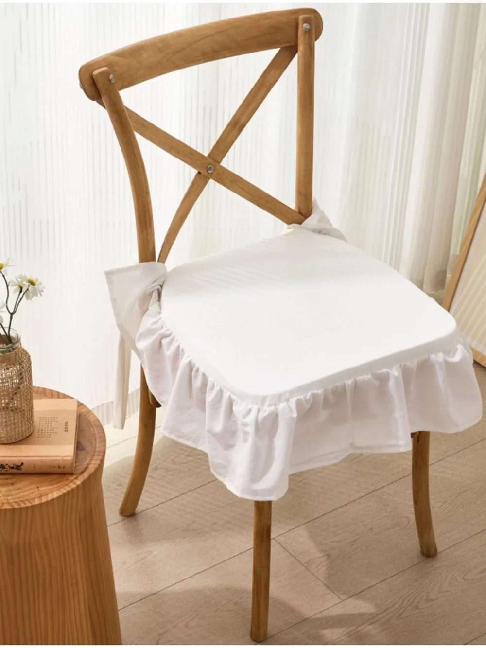 Farmhouse Neutral Thin Chair Cushion with Removable Ruffle Cover 16x16” WHITE